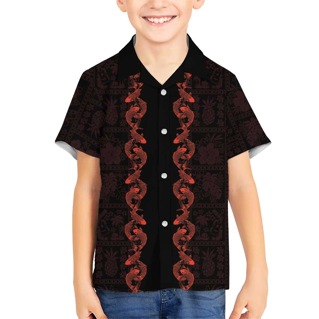 Hawaii Japan Koi Fish Red Family Matching Off The Shoulder Long Sleeve Dress and Hawaiian Shirt Tapa Pattern - Polynesian Pride