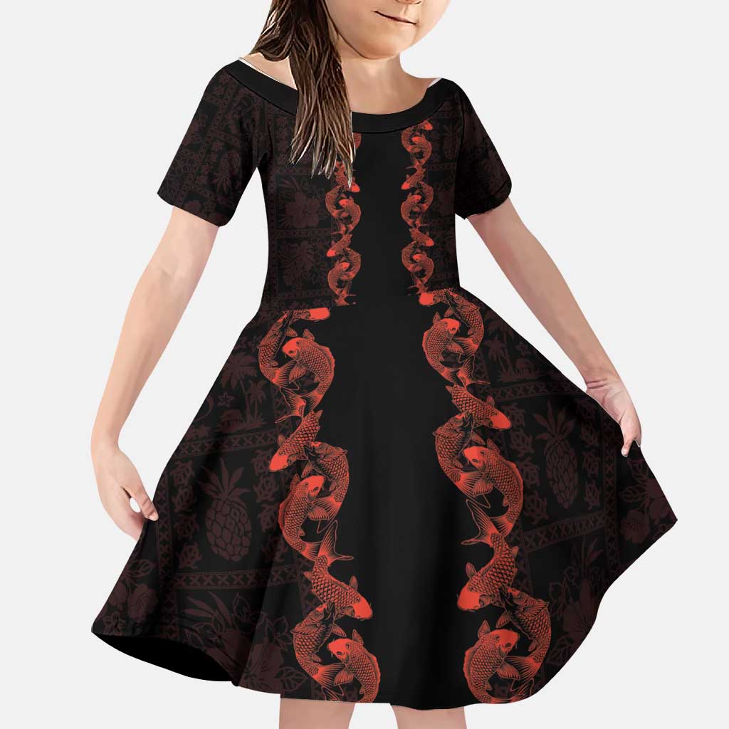Hawaii Japan Koi Fish Red Family Matching Off Shoulder Short Dress and Hawaiian Shirt Tapa Pattern - Polynesian Pride