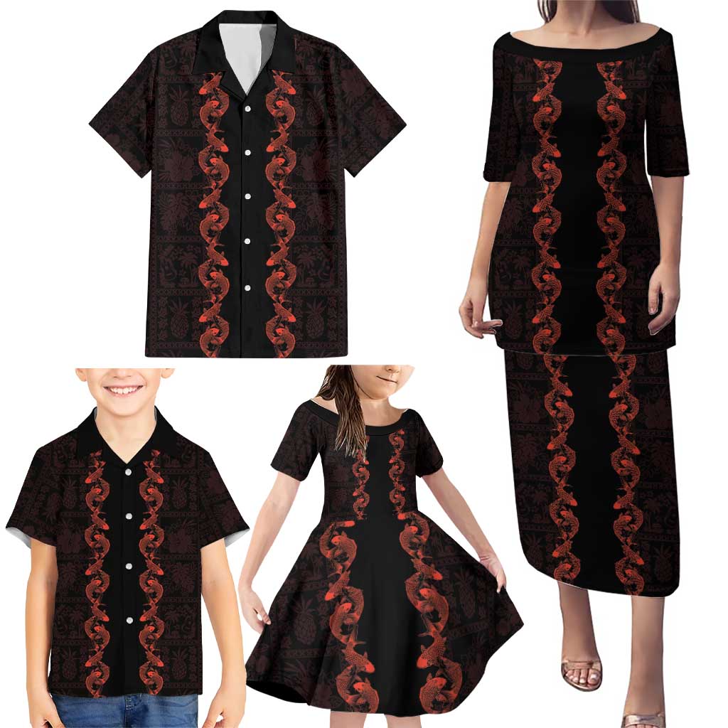 Hawaii Japan Koi Fish Red Family Matching Puletasi and Hawaiian Shirt Tapa Pattern - Polynesian Pride