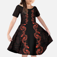 Hawaii Japan Koi Fish Red Family Matching Short Sleeve Bodycon Dress and Hawaiian Shirt Tapa Pattern - Polynesian Pride