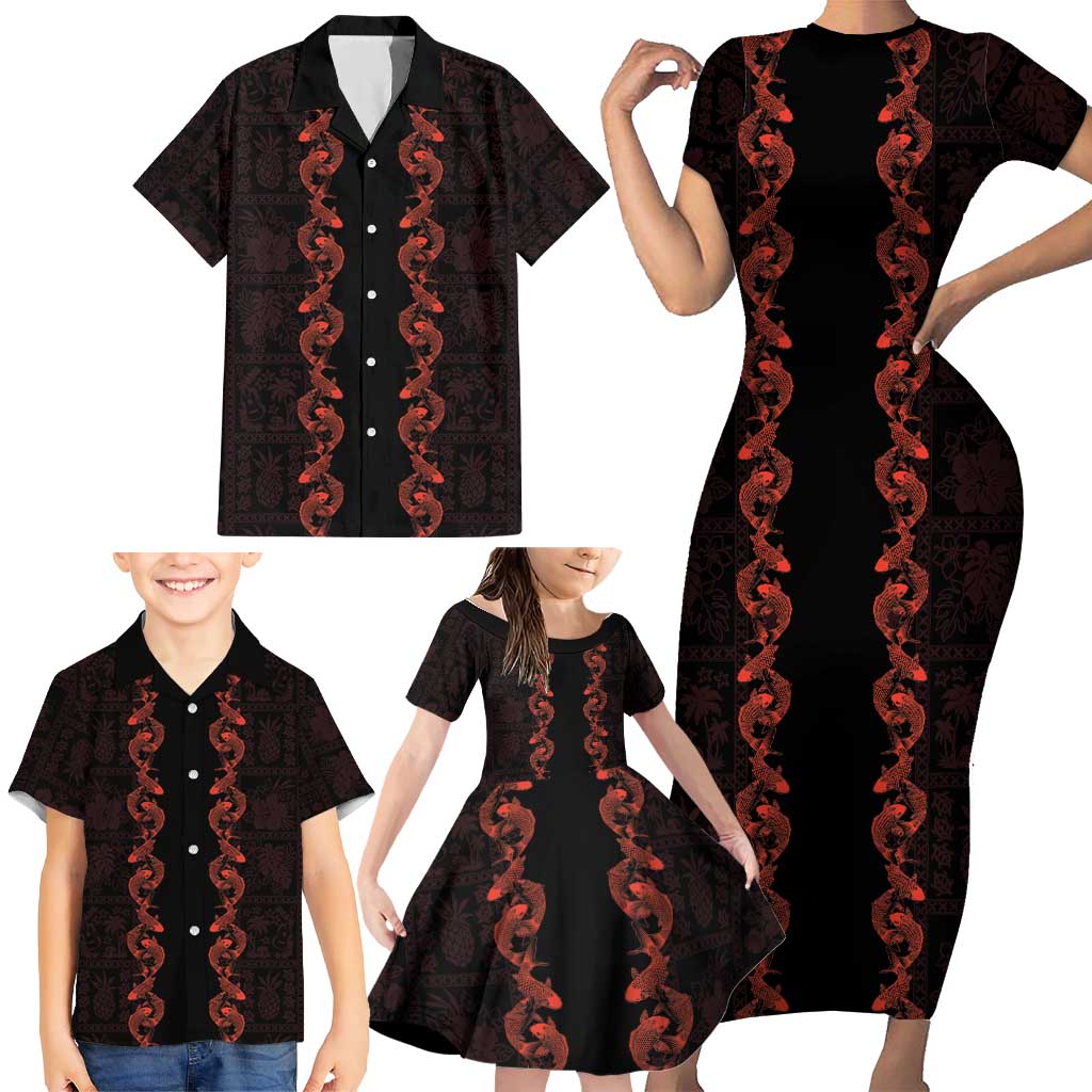 Hawaii Japan Koi Fish Red Family Matching Short Sleeve Bodycon Dress and Hawaiian Shirt Tapa Pattern - Polynesian Pride