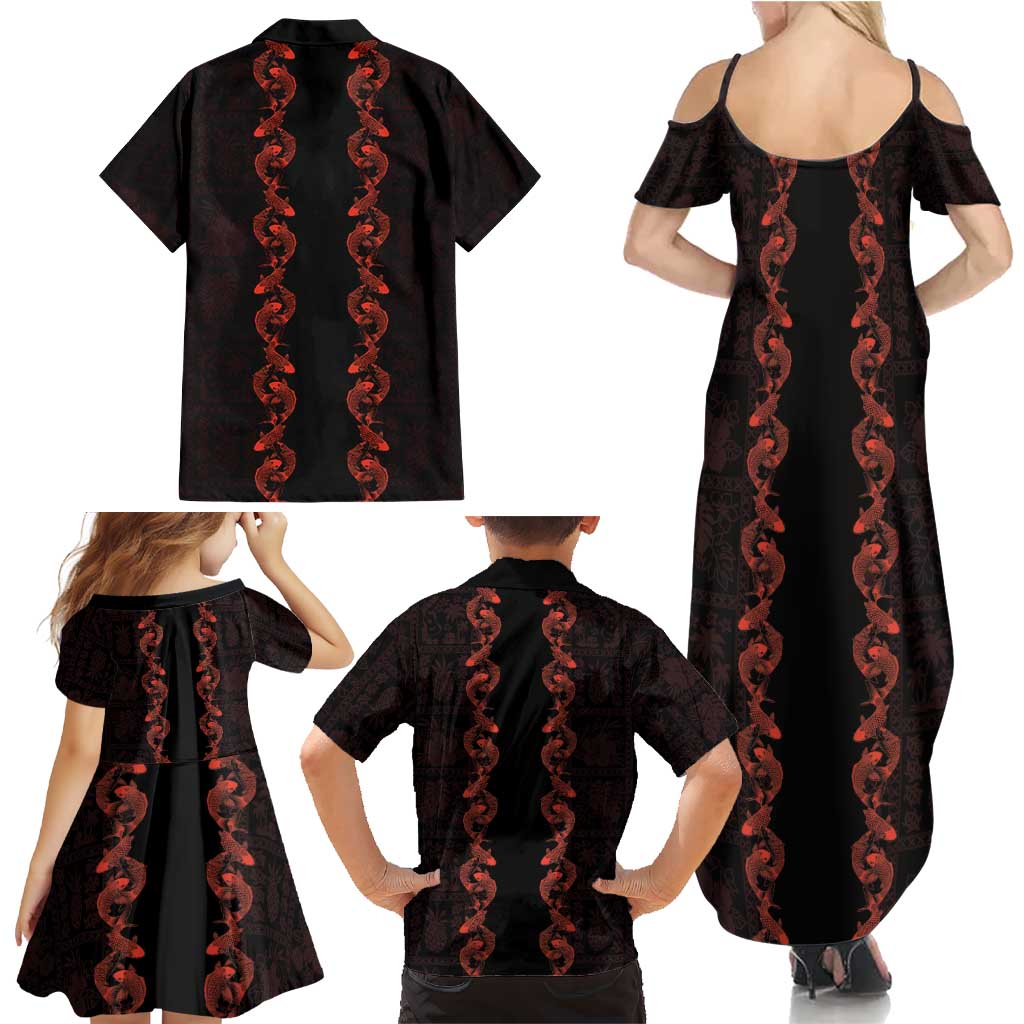Hawaii Japan Koi Fish Red Family Matching Summer Maxi Dress and Hawaiian Shirt Tapa Pattern - Polynesian Pride