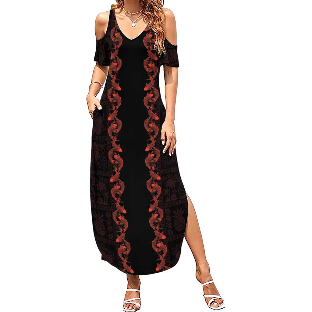 Hawaii Japan Koi Fish Red Family Matching Summer Maxi Dress and Hawaiian Shirt Tapa Pattern - Polynesian Pride