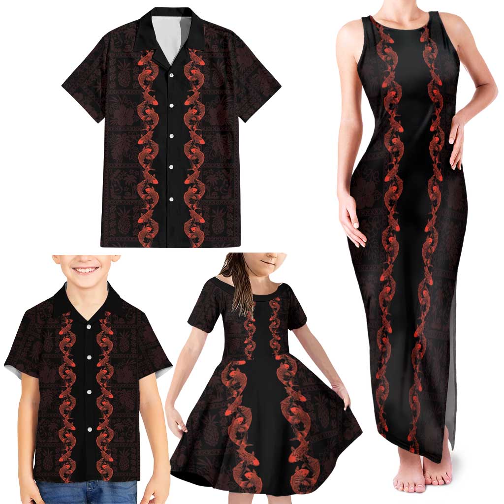 Hawaii Japan Koi Fish Red Family Matching Tank Maxi Dress and Hawaiian Shirt Tapa Pattern - Polynesian Pride