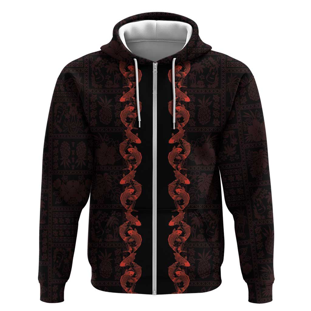Hawaii Japan Koi Fish Red Hoodie Tapa Pattern - Polynesian Pride