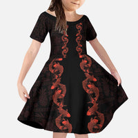 Hawaii Japan Koi Fish Red Kid Short Sleeve Dress Tapa Pattern - Polynesian Pride