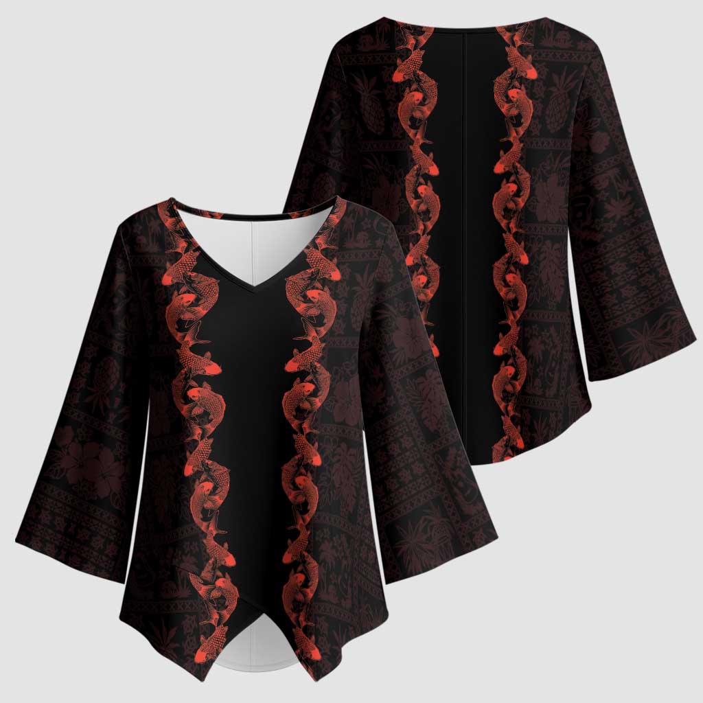 Hawaii Japan Koi Fish Red Kimono Sleeve Blouse Tapa Pattern - Polynesian Pride