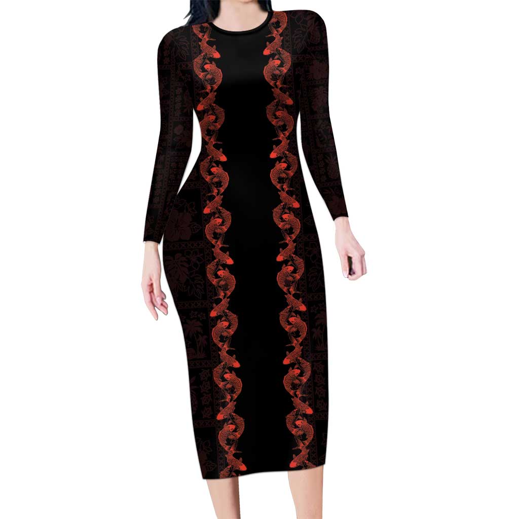 Hawaii Japan Koi Fish Red Long Sleeve Bodycon Dress Tapa Pattern - Polynesian Pride