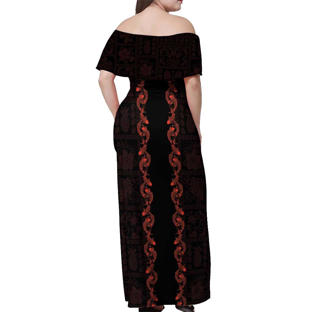 Hawaii Japan Koi Fish Red Off Shoulder Maxi Dress Tapa Pattern LT01 - Polynesian Pride