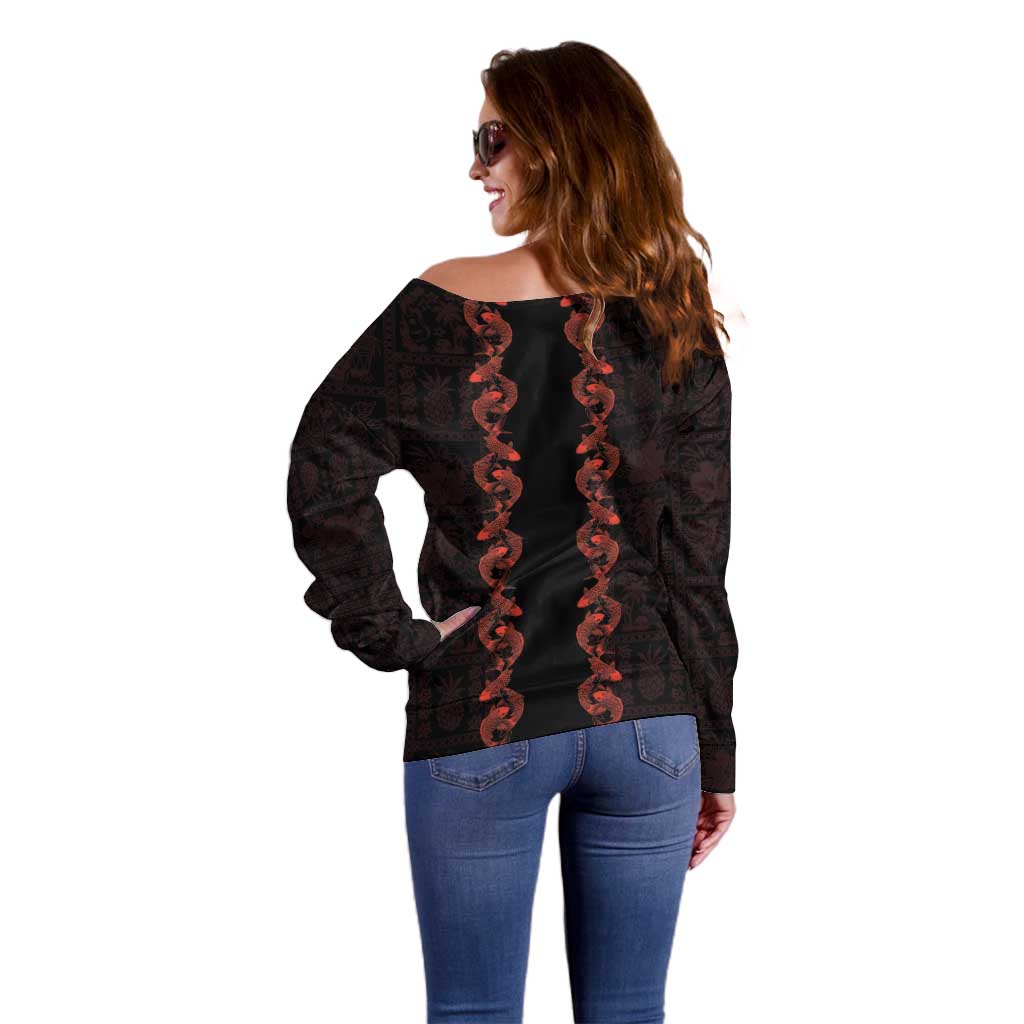 Hawaii Japan Koi Fish Red Off Shoulder Sweater Tapa Pattern - Polynesian Pride