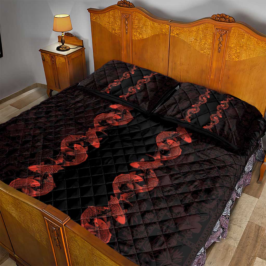 Hawaii Japan Koi Fish Red Quilt Bed Set Tapa Pattern - Polynesian Pride