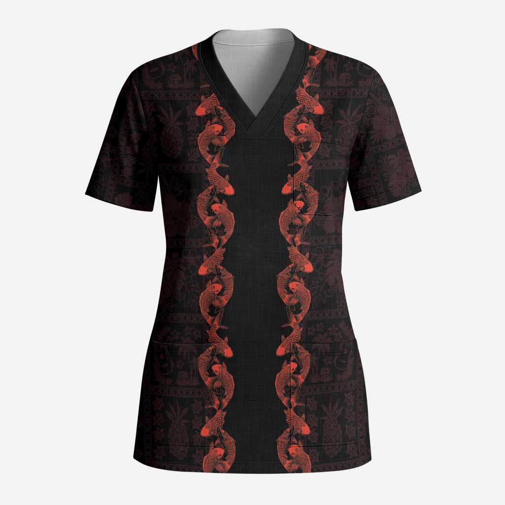 Hawaii Japan Koi Fish Red Scrub Top Tapa Pattern - Polynesian Pride