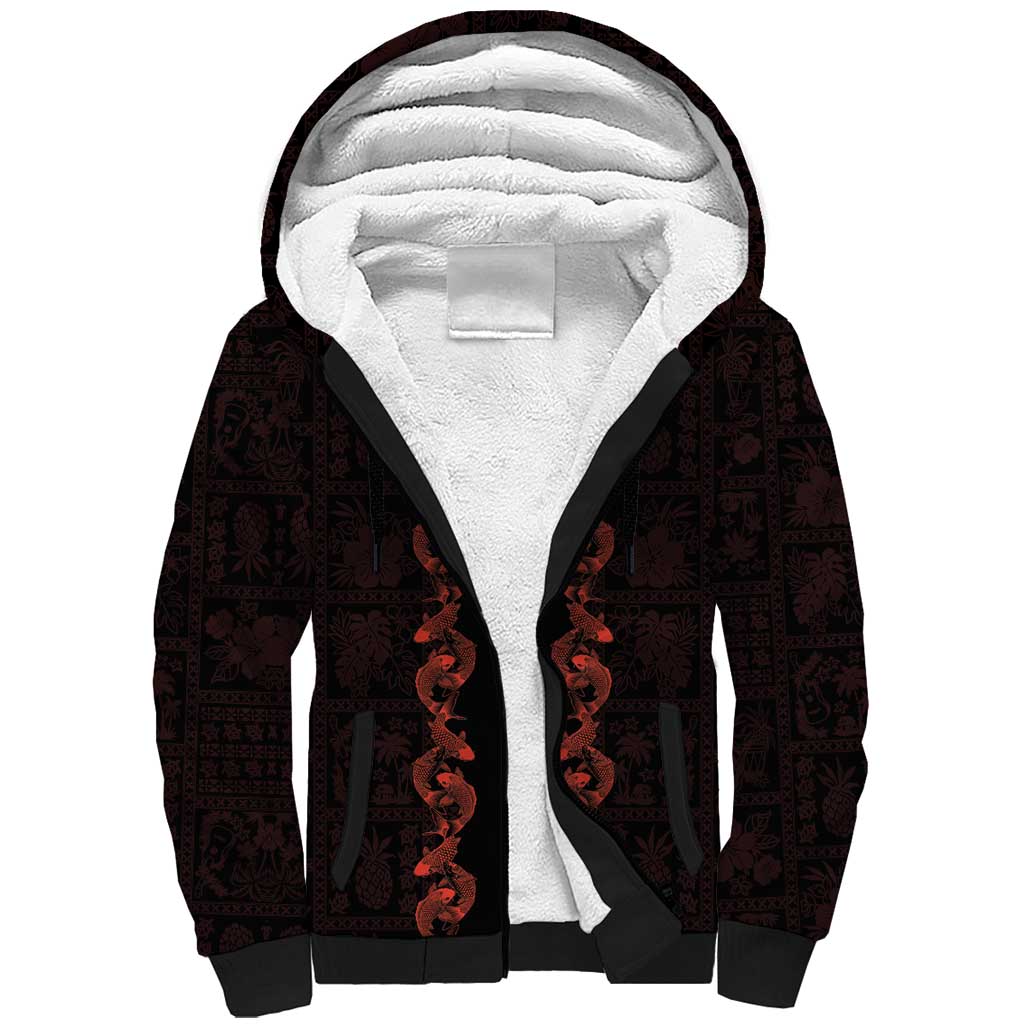 Hawaii Japan Koi Fish Red Sherpa Hoodie Tapa Pattern - Polynesian Pride