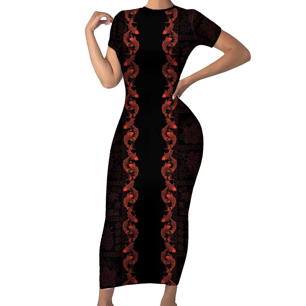 Hawaii Japan Koi Fish Red Short Sleeve Bodycon Dress Tapa Pattern LT01 Long Dress Red - Polynesian Pride