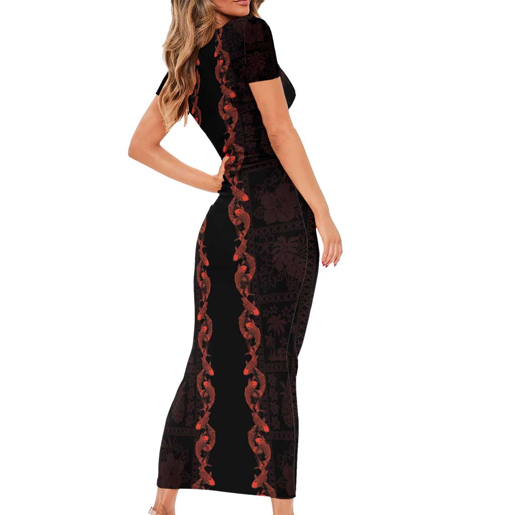 Hawaii Japan Koi Fish Red Short Sleeve Bodycon Dress Tapa Pattern - Polynesian Pride
