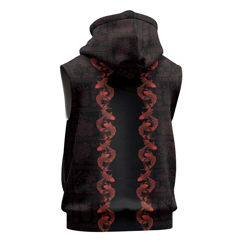 Hawaii Japan Koi Fish Red Sleeveless Hoodie Tapa Pattern - Polynesian Pride