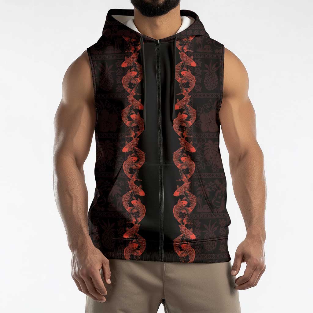 Hawaii Japan Koi Fish Red Sleeveless Zip Hoodie Tapa Pattern - Polynesian Pride
