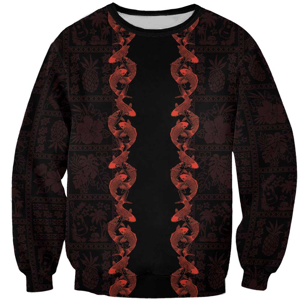 Hawaii Japan Koi Fish Red Sweatshirt Tapa Pattern - Polynesian Pride
