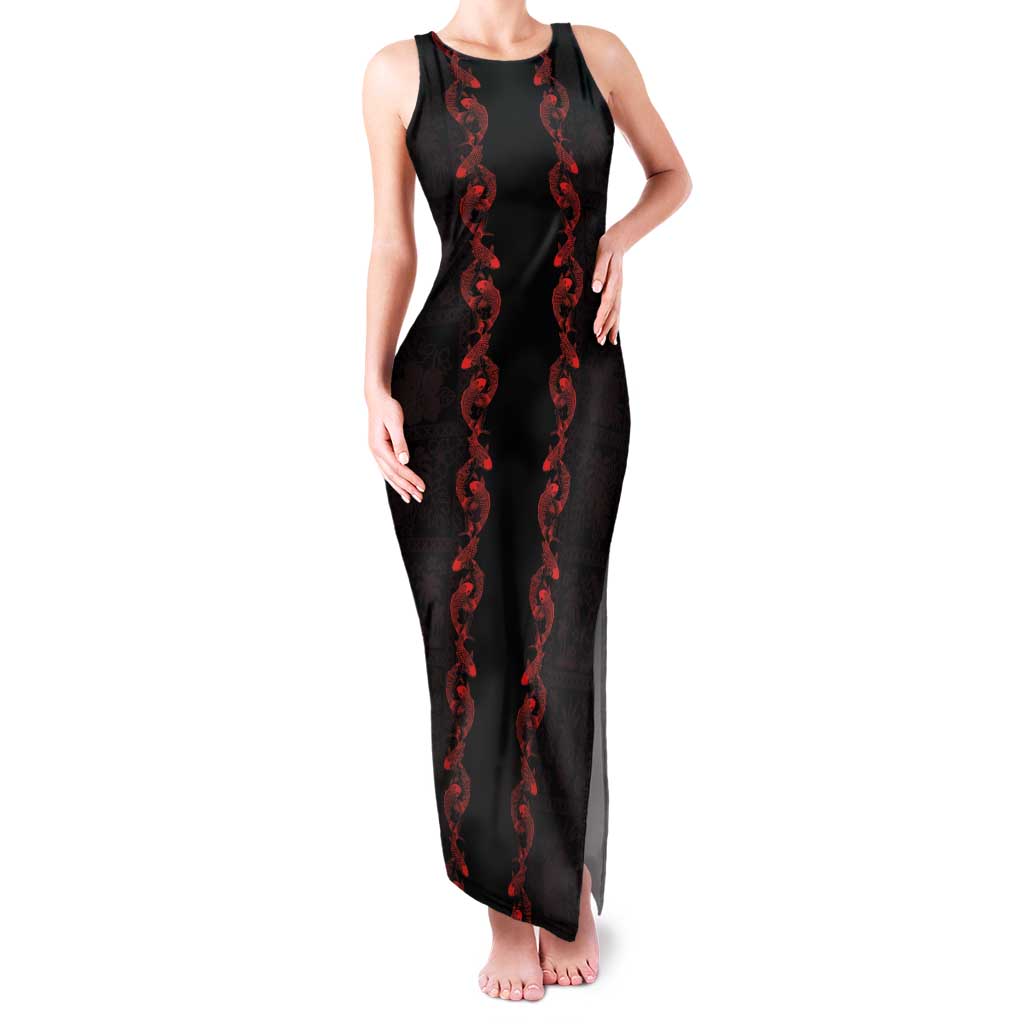 Hawaii Japan Koi Fish Red Tank Maxi Dress Tapa Pattern LT01 Women Red - Polynesian Pride