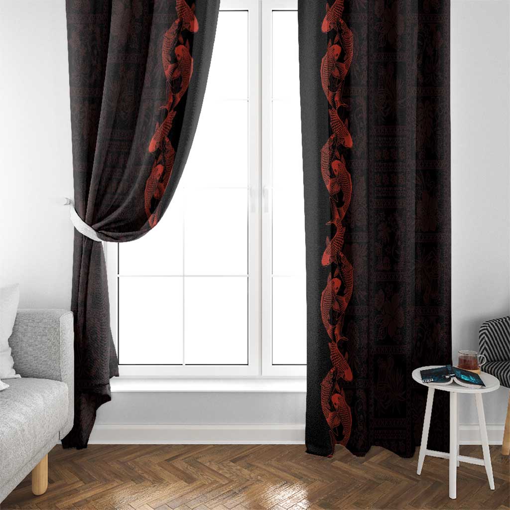Hawaii Japan Koi Fish Red Window Curtain Tapa Pattern - Polynesian Pride