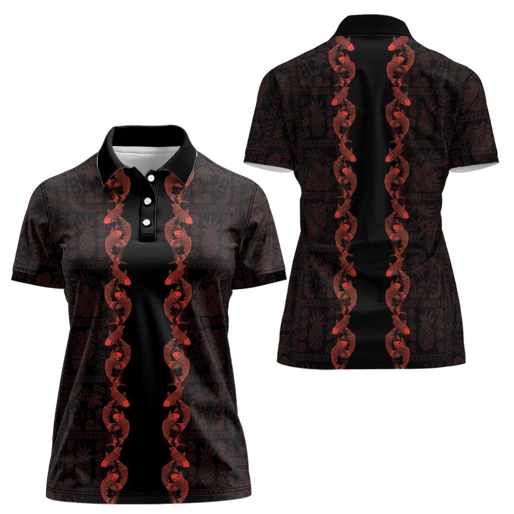 Hawaii Japan Koi Fish Red Women Polo Shirt Tapa Pattern - Polynesian Pride