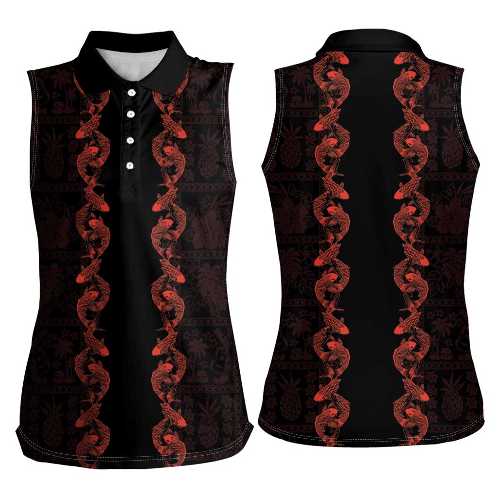 Hawaii Japan Koi Fish Red Women Sleeveless Polo Shirt Tapa Pattern - Polynesian Pride