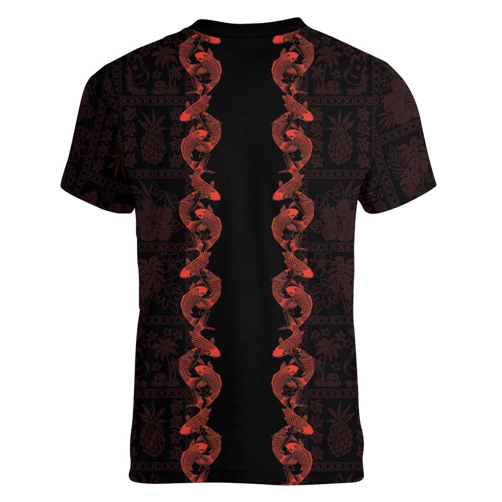 Hawaii Japan Koi Fish Red Women V-Neck T-Shirt Tapa Pattern - Polynesian Pride
