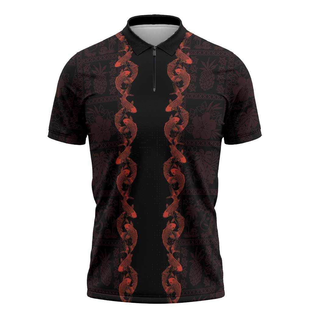 Hawaii Japan Koi Fish Red Zipper Polo Shirt Tapa Pattern - Polynesian Pride