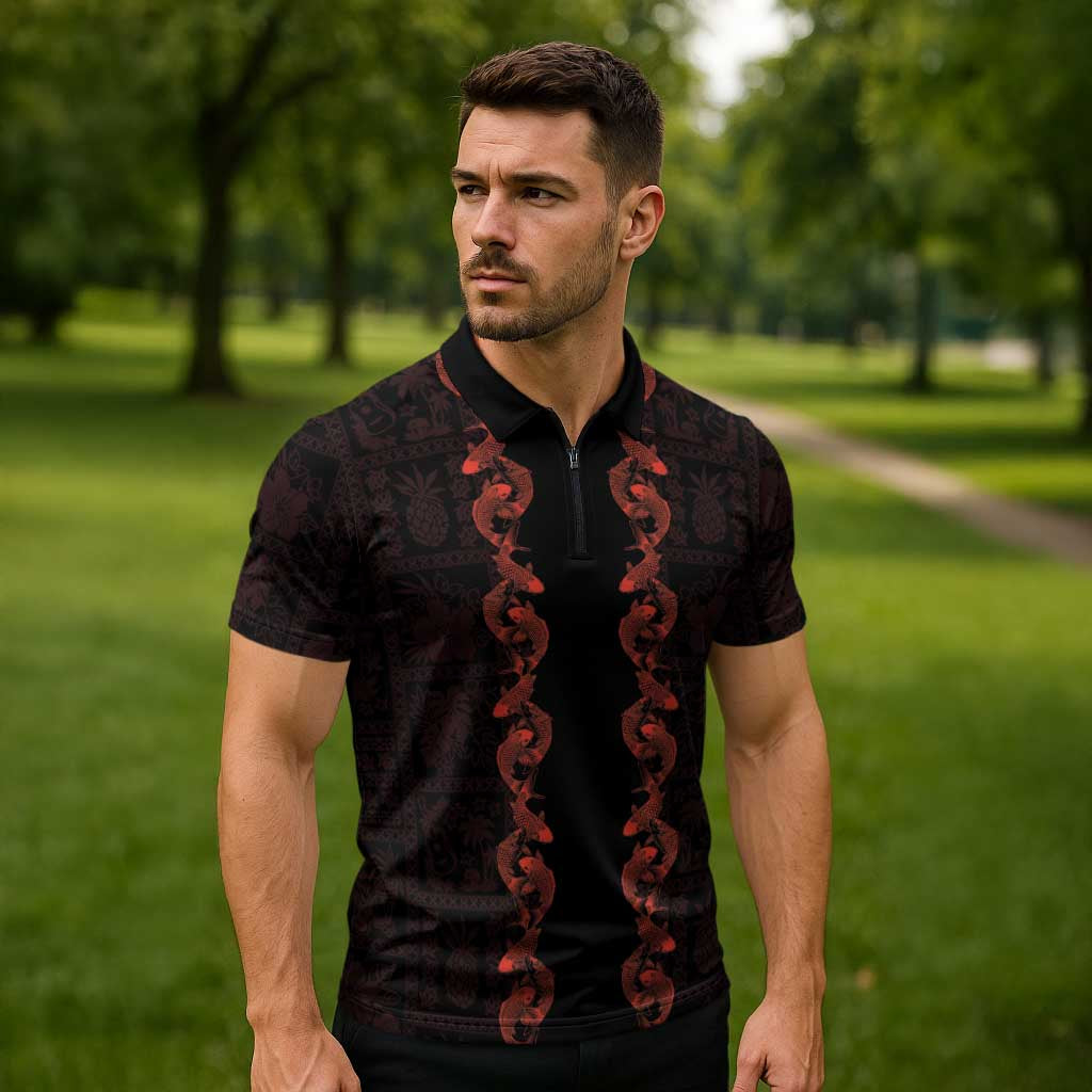 Hawaii Japan Koi Fish Red Zipper Polo Shirt Tapa Pattern - Polynesian Pride