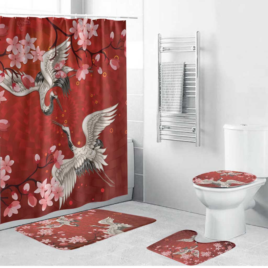 Hawaii Japan Cranes Sakura Flower Red Bathroom Set Japan Heritage Spirit LT01 Bathroom Set (4 pcs) Red - Polynesian Pride
