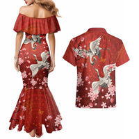 Hawaii Japan Cranes Sakura Flower Red Couples Matching Mermaid Dress and Hawaiian Shirt Japan Heritage Spirit LT01 - Polynesian Pride
