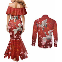 Hawaii Japan Cranes Sakura Flower Red Couples Matching Mermaid Dress and Long Sleeve Button Shirt Japan Heritage Spirit LT01 - Polynesian Pride