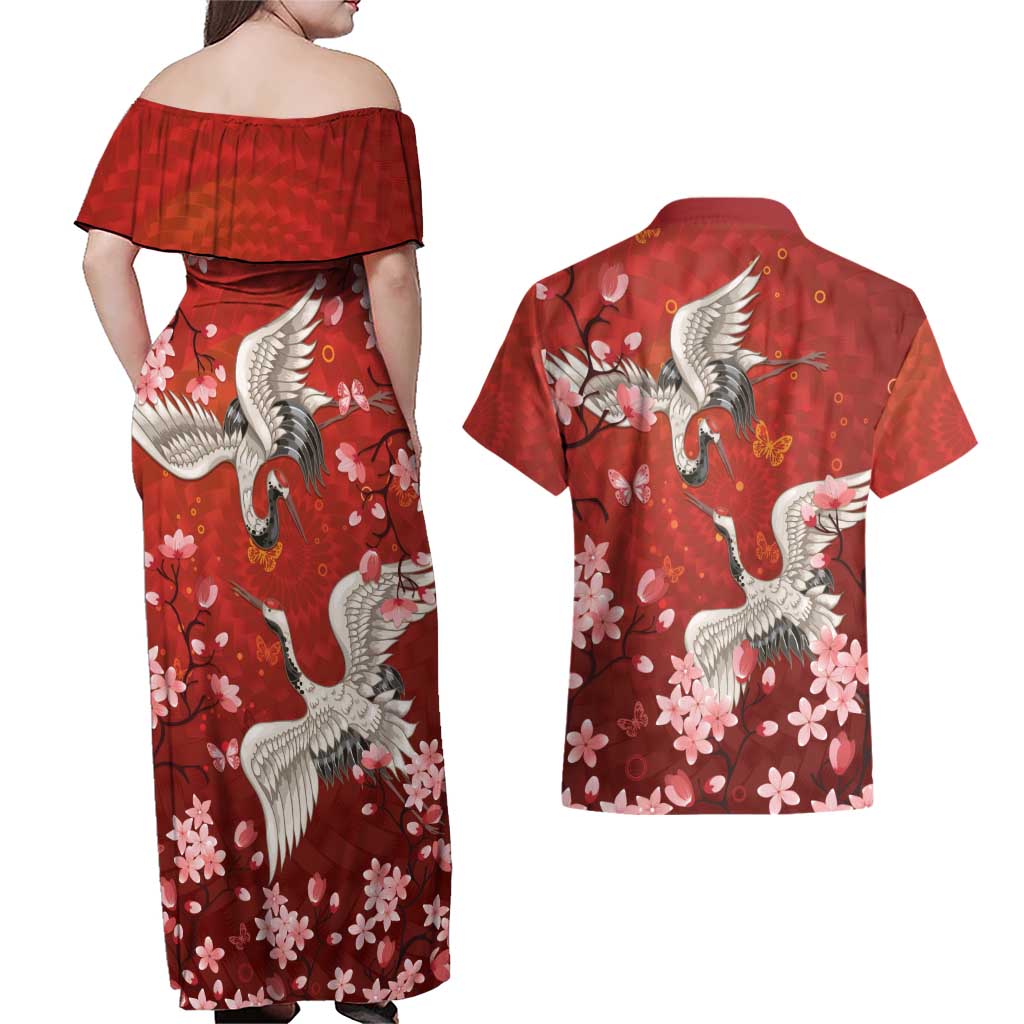 Hawaii Japan Cranes Sakura Flower Red Couples Matching Off Shoulder Maxi Dress and Hawaiian Shirt Japan Heritage Spirit LT01 - Polynesian Pride