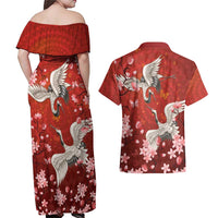 Hawaii Japan Cranes Sakura Flower Red Couples Matching Off Shoulder Maxi Dress and Hawaiian Shirt Japan Heritage Spirit LT01 - Polynesian Pride