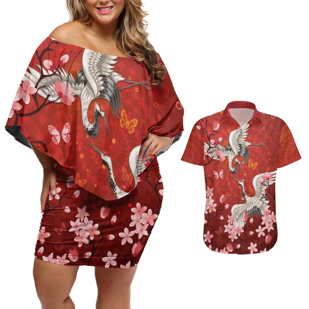 Hawaii Japan Cranes Sakura Flower Red Couples Matching Off Shoulder Short Dress and Hawaiian Shirt Japan Heritage Spirit LT01 Red - Polynesian Pride