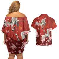 Hawaii Japan Cranes Sakura Flower Red Couples Matching Off Shoulder Short Dress and Hawaiian Shirt Japan Heritage Spirit LT01 - Polynesian Pride
