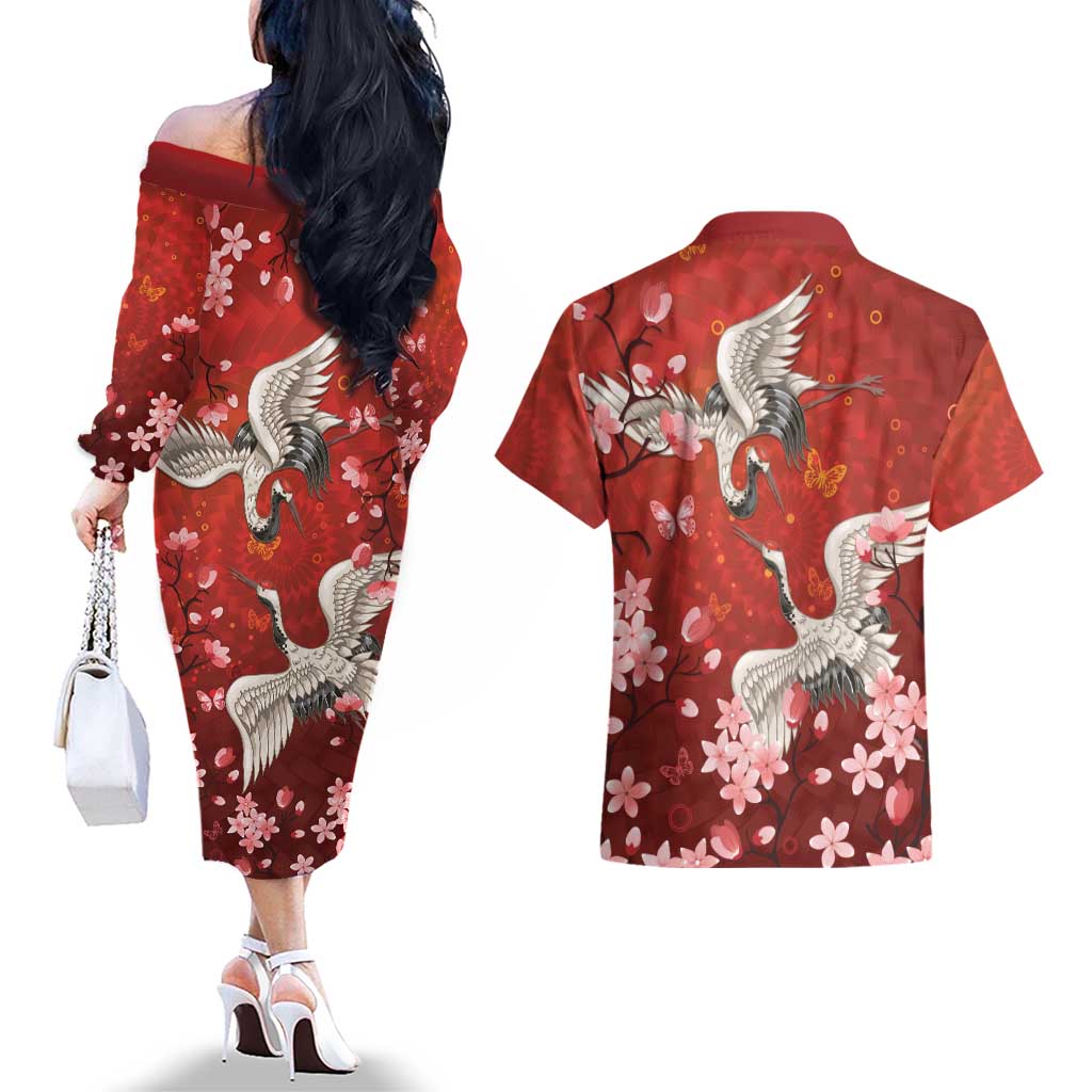 Hawaii Japan Cranes Sakura Flower Red Couples Matching Off The Shoulder Long Sleeve Dress and Hawaiian Shirt Japan Heritage Spirit LT01 - Polynesian Pride