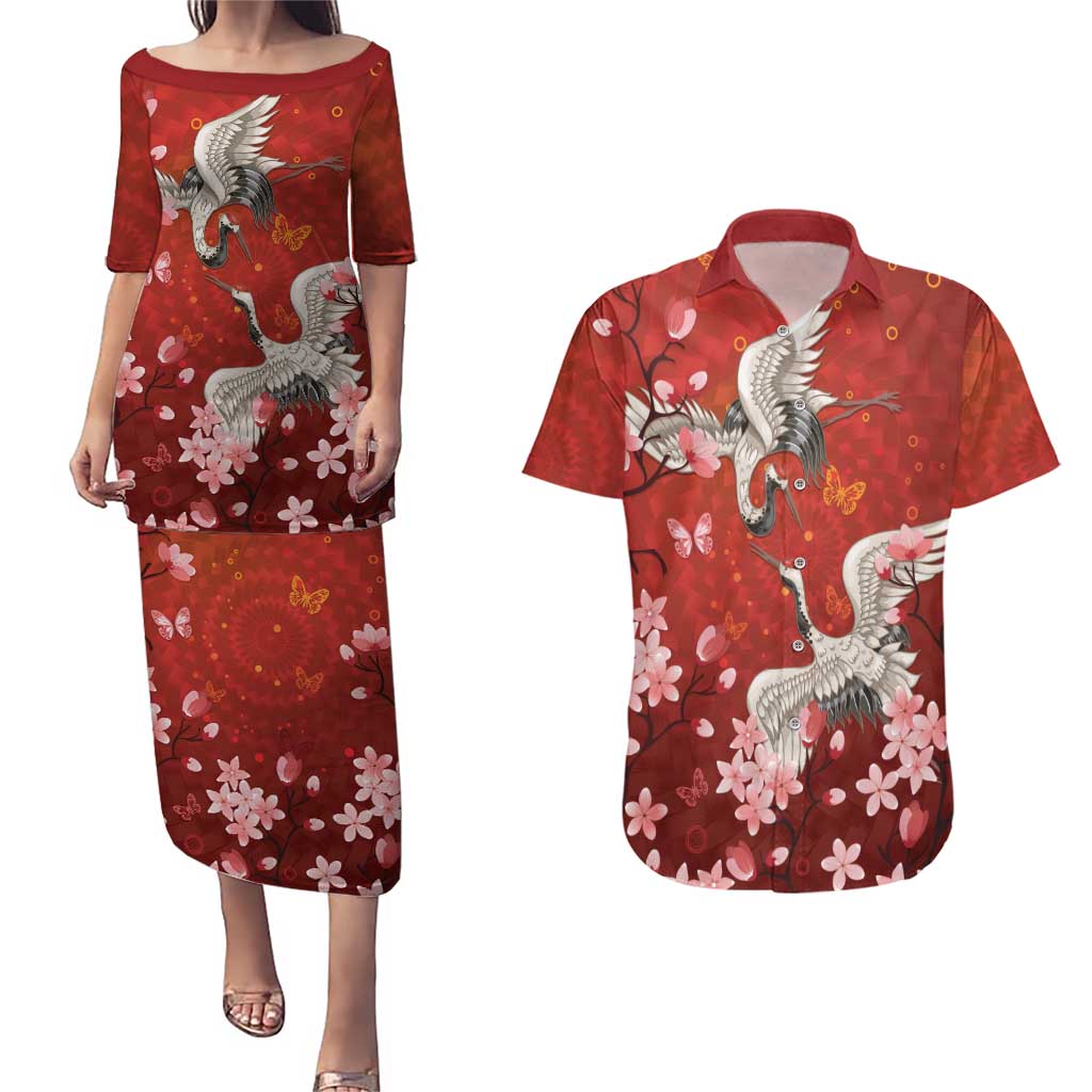 Hawaii Japan Cranes Sakura Flower Red Couples Matching Puletasi and Hawaiian Shirt Japan Heritage Spirit - Polynesian Pride