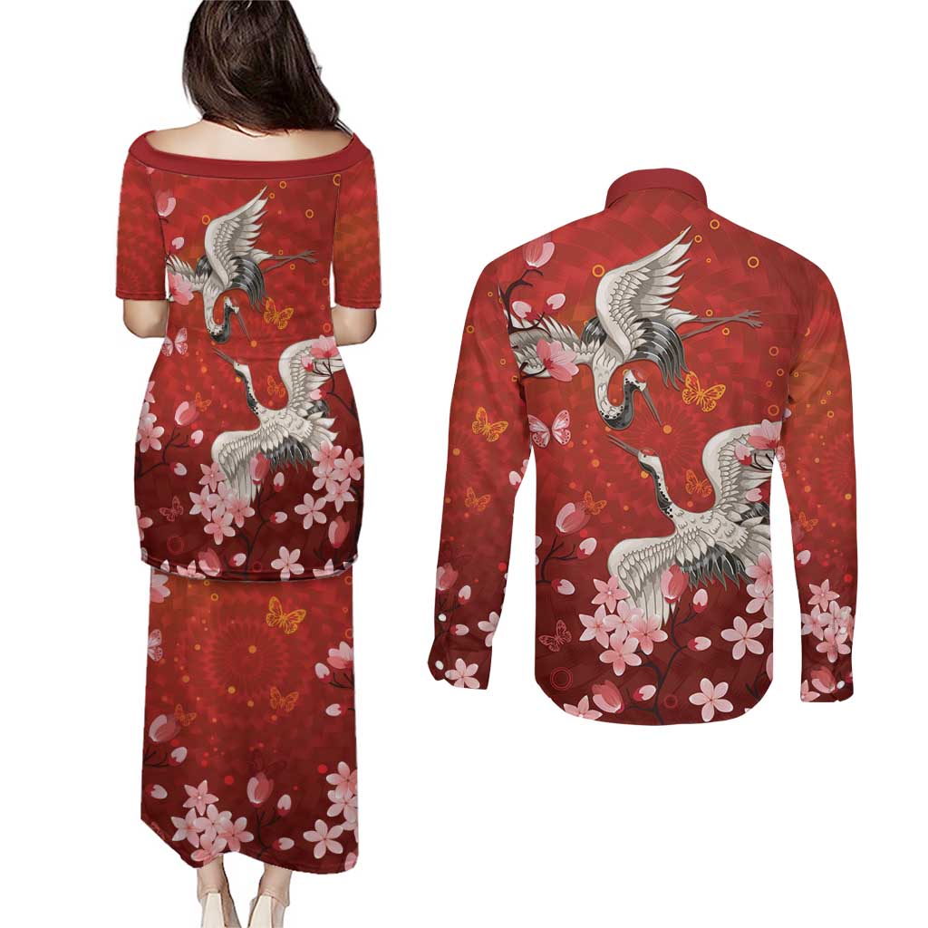 Hawaii Japan Cranes Sakura Flower Red Couples Matching Puletasi and Long Sleeve Button Shirt Japan Heritage Spirit - Polynesian Pride