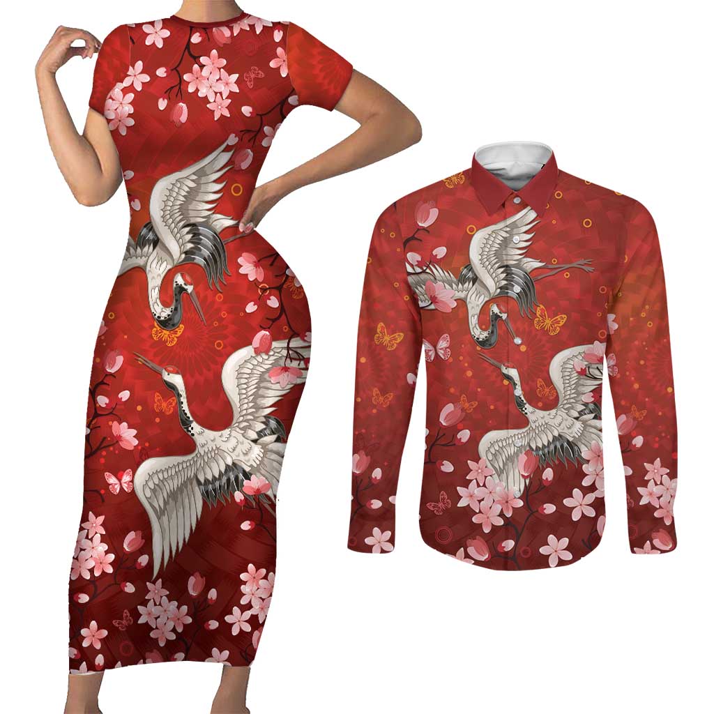 Hawaii Japan Cranes Sakura Flower Red Couples Matching Short Sleeve Bodycon Dress and Long Sleeve Button Shirt Japan Heritage Spirit LT01 Red - Polynesian Pride