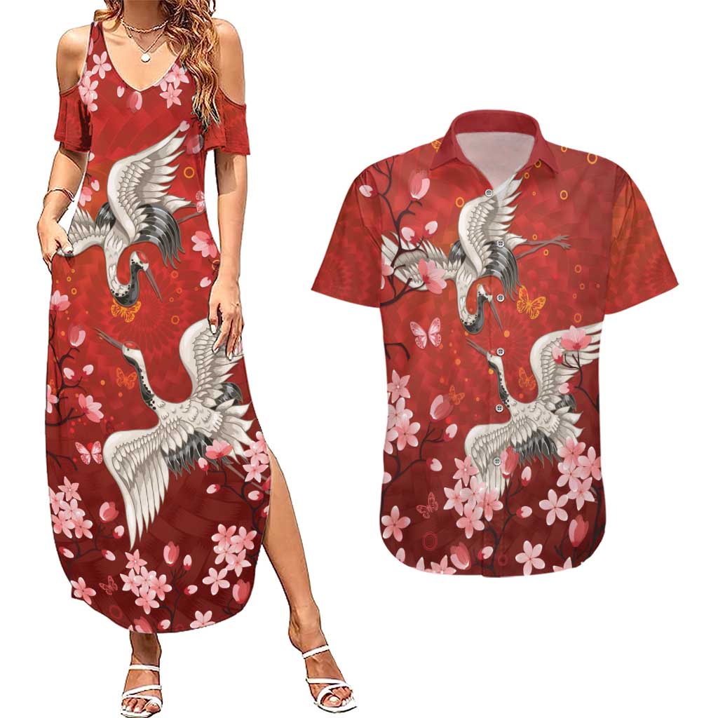 Hawaii Japan Cranes Sakura Flower Red Couples Matching Summer Maxi Dress and Hawaiian Shirt Japan Heritage Spirit LT01 Red - Polynesian Pride