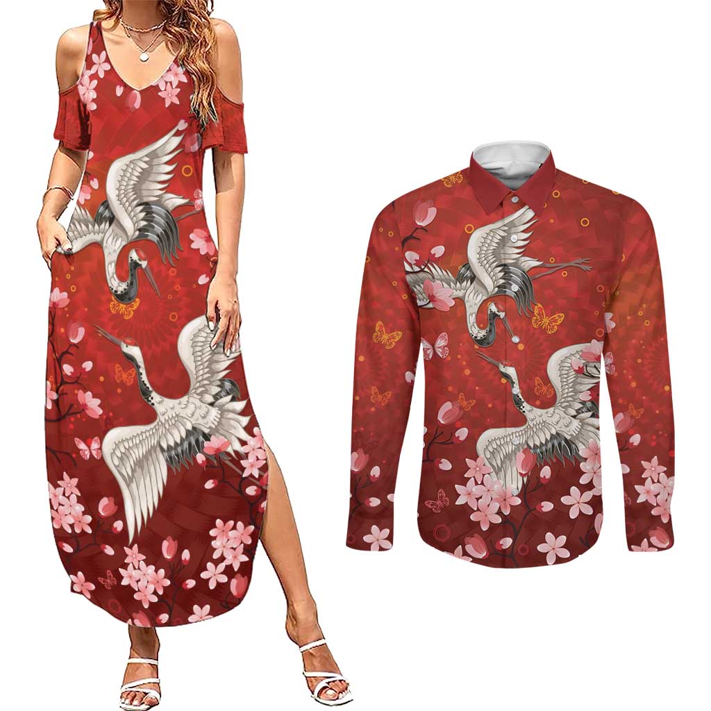 Hawaii Japan Cranes Sakura Flower Red Couples Matching Summer Maxi Dress and Long Sleeve Button Shirt Japan Heritage Spirit - Polynesian Pride