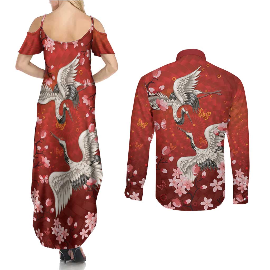 Hawaii Japan Cranes Sakura Flower Red Couples Matching Summer Maxi Dress and Long Sleeve Button Shirt Japan Heritage Spirit - Polynesian Pride