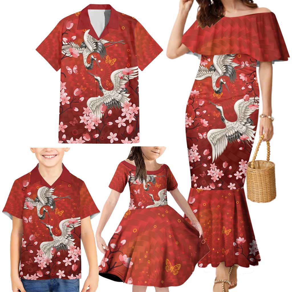Hawaii Japan Cranes Sakura Flower Red Family Matching Mermaid Dress and Hawaiian Shirt Japan Heritage Spirit LT01 - Polynesian Pride