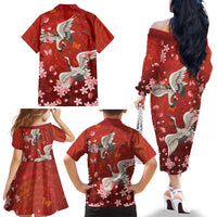 Hawaii Japan Cranes Sakura Flower Red Family Matching Off The Shoulder Long Sleeve Dress and Hawaiian Shirt Japan Heritage Spirit LT01 - Polynesian Pride