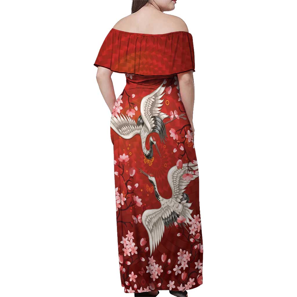Hawaii Japan Cranes Sakura Flower Red Family Matching Off Shoulder Maxi Dress and Hawaiian Shirt Japan Heritage Spirit LT01 - Polynesian Pride