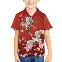 Hawaii Japan Cranes Sakura Flower Red Family Matching Off Shoulder Maxi Dress and Hawaiian Shirt Japan Heritage Spirit LT01 Son's Shirt Red - Polynesian Pride