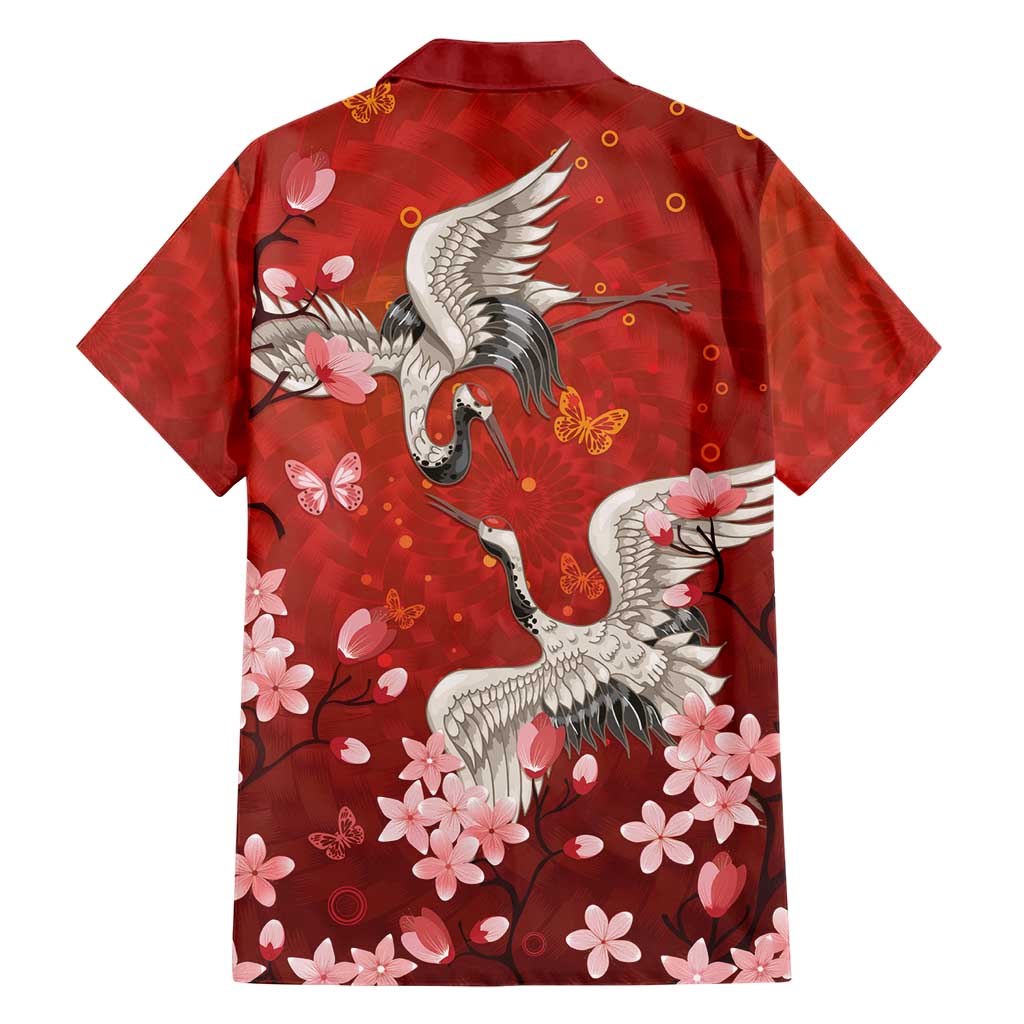 Hawaii Japan Cranes Sakura Flower Red Family Matching Off Shoulder Short Dress and Hawaiian Shirt Japan Heritage Spirit LT01 - Polynesian Pride