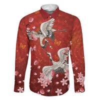 Hawaii Japan Cranes Sakura Flower Red Family Matching Off Shoulder Short Dress and Hawaiian Shirt Japan Heritage Spirit LT01 Dad's Shirt - Long Sleeve Red - Polynesian Pride
