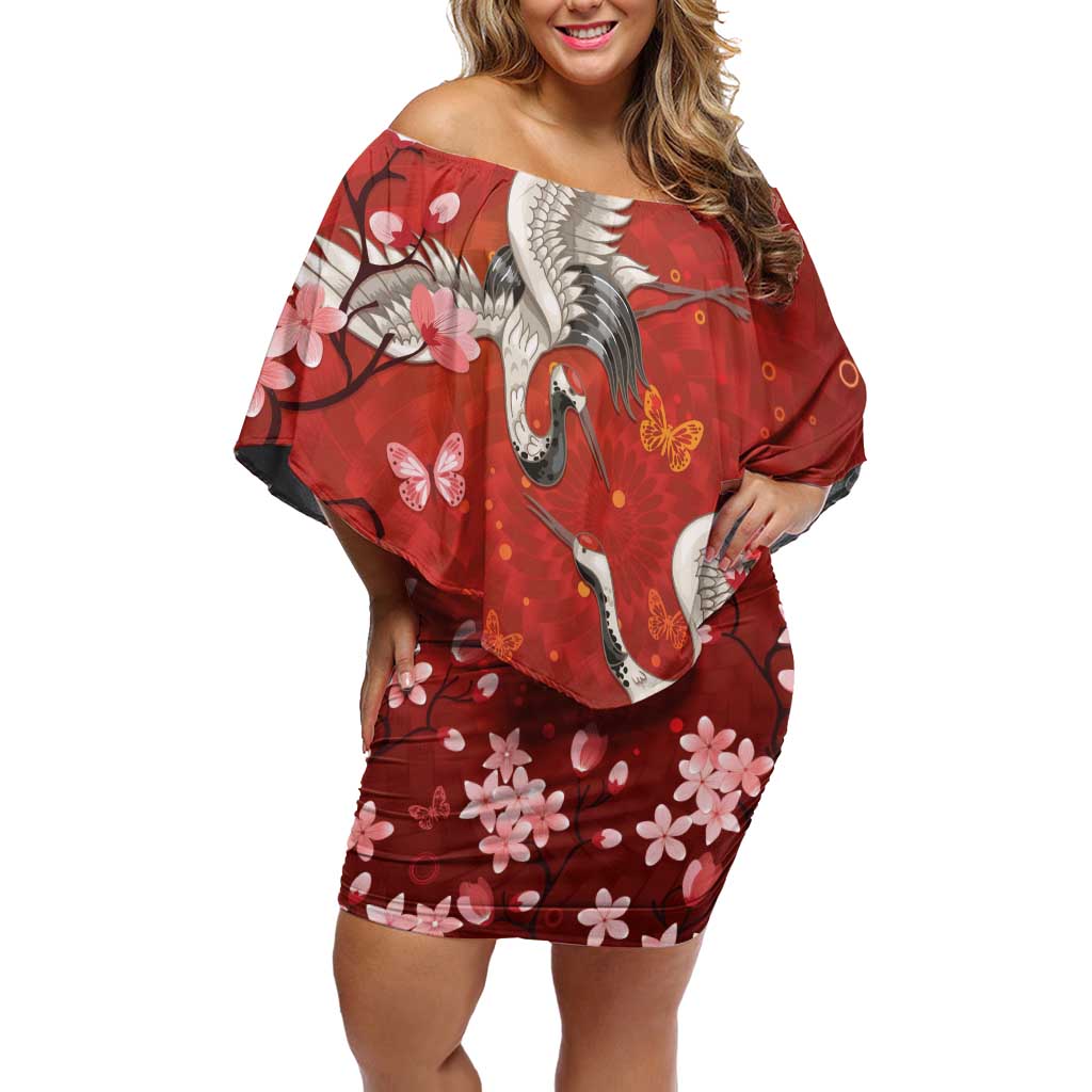 Hawaii Japan Cranes Sakura Flower Red Family Matching Off Shoulder Short Dress and Hawaiian Shirt Japan Heritage Spirit LT01 Mom's Dress Red - Polynesian Pride
